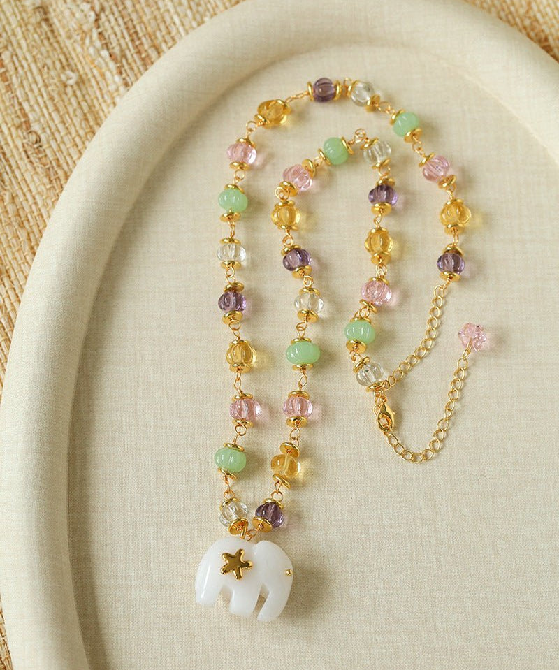White Jade Elephant Glass Beaded Necklace - floysun