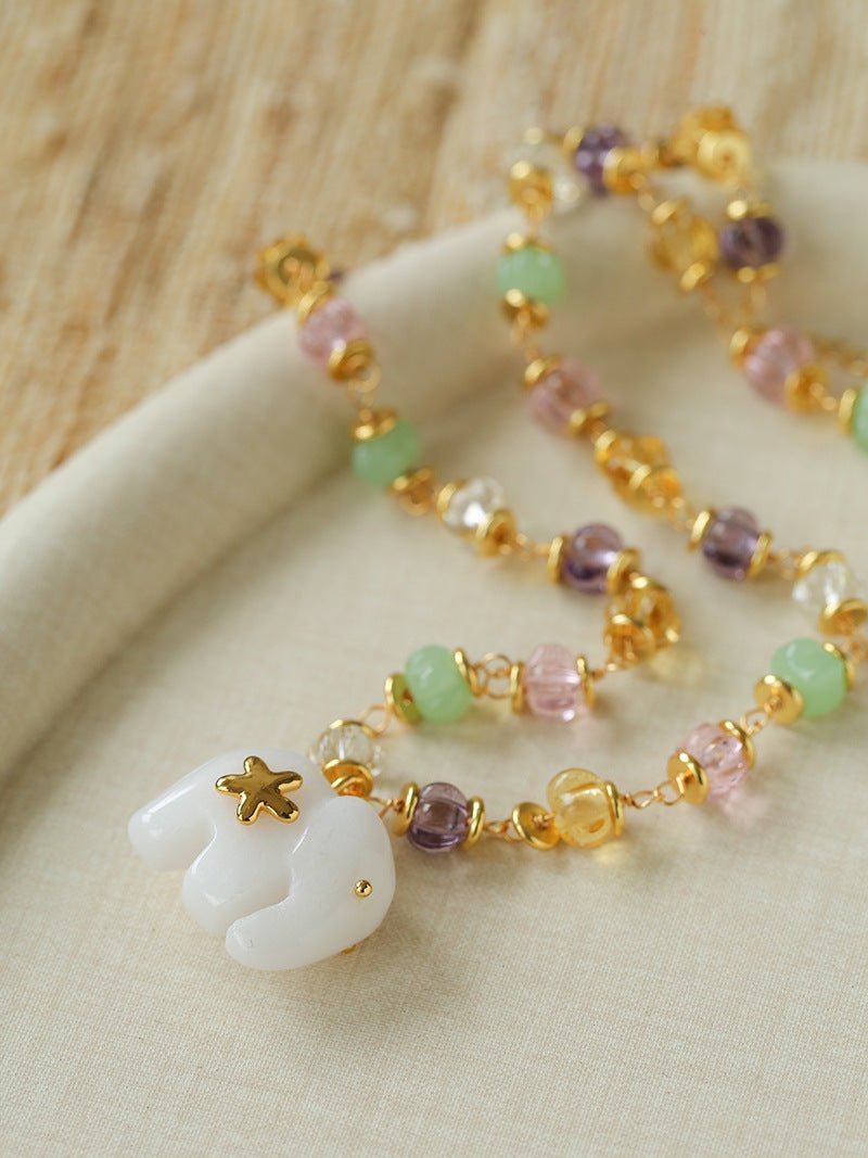 White Jade Elephant Glass Beaded Necklace - floysun