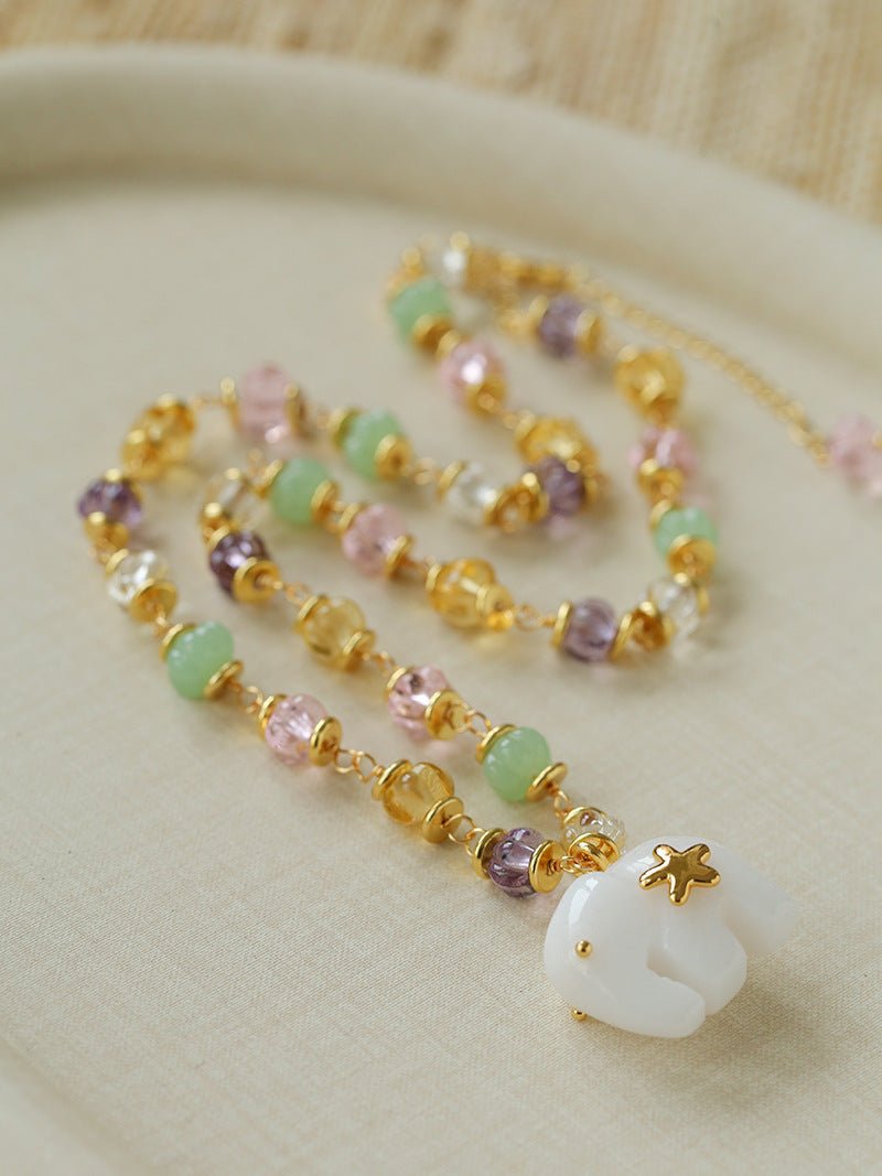 White Jade Elephant Glass Beaded Necklace - floysun