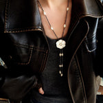 White Mother - of - Pearl Flower Y Necklace with Gold Ore & Pearls - floysun