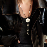 White Mother - of - Pearl Flower Y Necklace with Gold Ore & Pearls - floysun