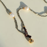White Mother - of - Pearl Flower Y Necklace with Gold Ore & Pearls - floysun