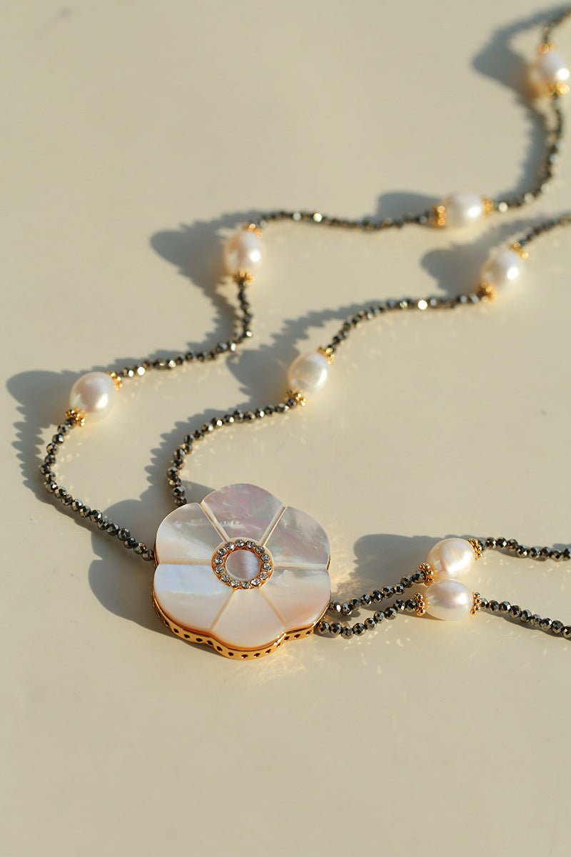 White Mother - of - Pearl Flower Y Necklace with Gold Ore & Pearls - floysun