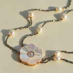 White Mother - of - Pearl Flower Y Necklace with Gold Ore & Pearls - floysun