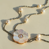 White Mother - of - Pearl Flower Y Necklace with Gold Ore & Pearls - floysun