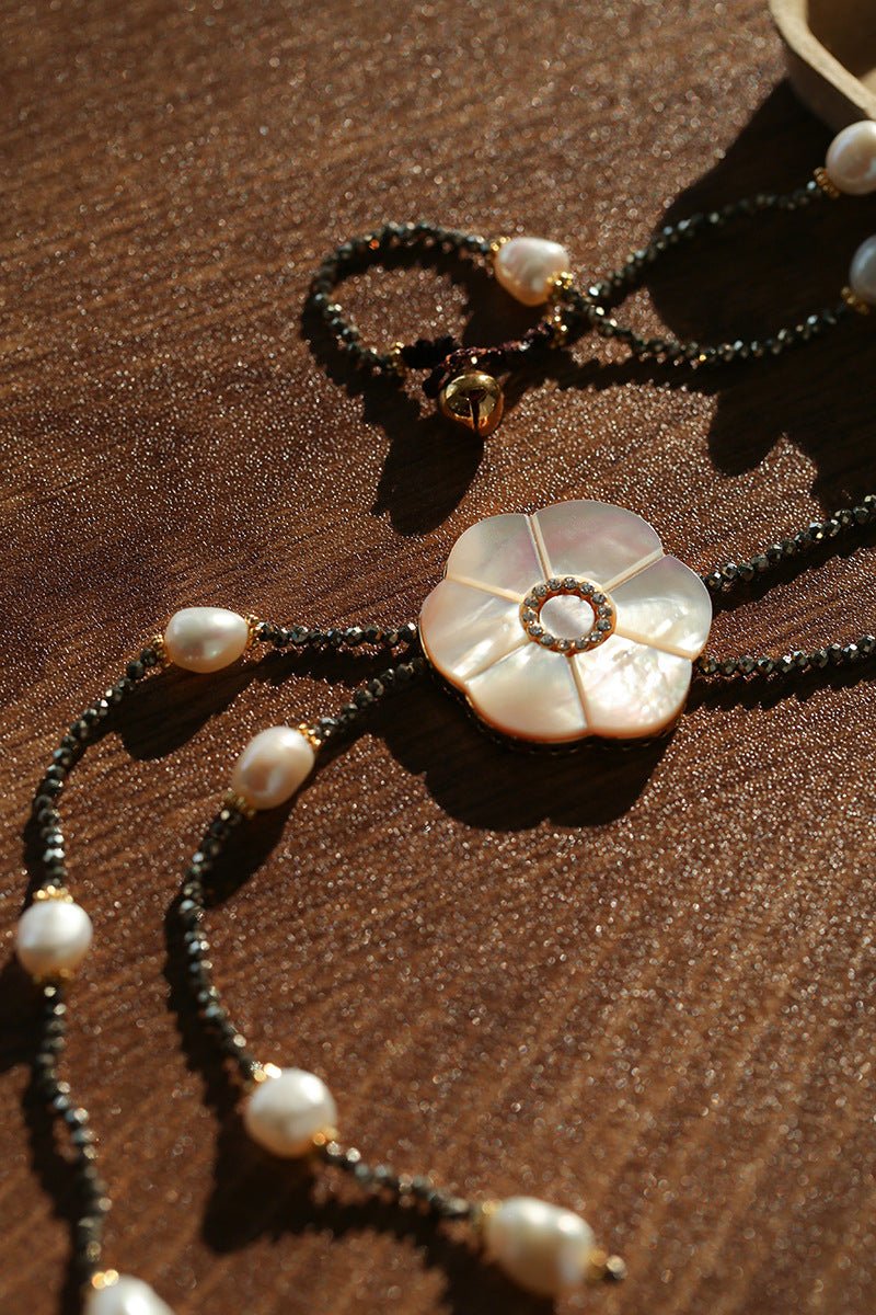 White Mother - of - Pearl Flower Y Necklace with Gold Ore & Pearls - floysun