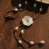 White Mother - of - Pearl Flower Y Necklace with Gold Ore & Pearls - floysun
