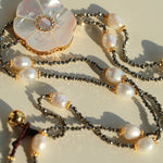 White Mother - of - Pearl Flower Y Necklace with Gold Ore & Pearls - floysun