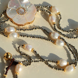 White Mother - of - Pearl Flower Y Necklace with Gold Ore & Pearls - floysun