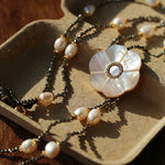 White Mother - of - Pearl Flower Y Necklace with Gold Ore & Pearls - floysun
