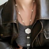 White Mother - of - Pearl Flower Y Necklace with Gold Ore & Pearls - floysun