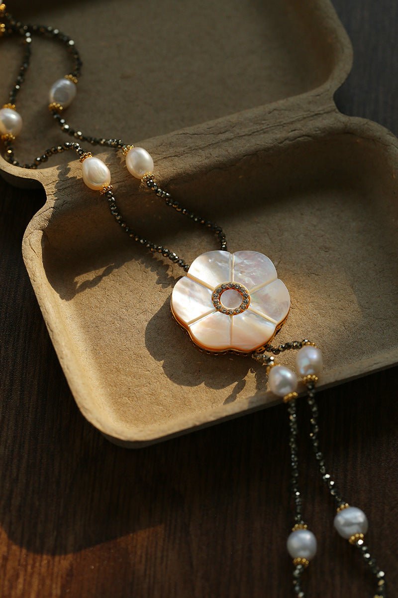 White Mother - of - Pearl Flower Y Necklace with Gold Ore & Pearls - floysun