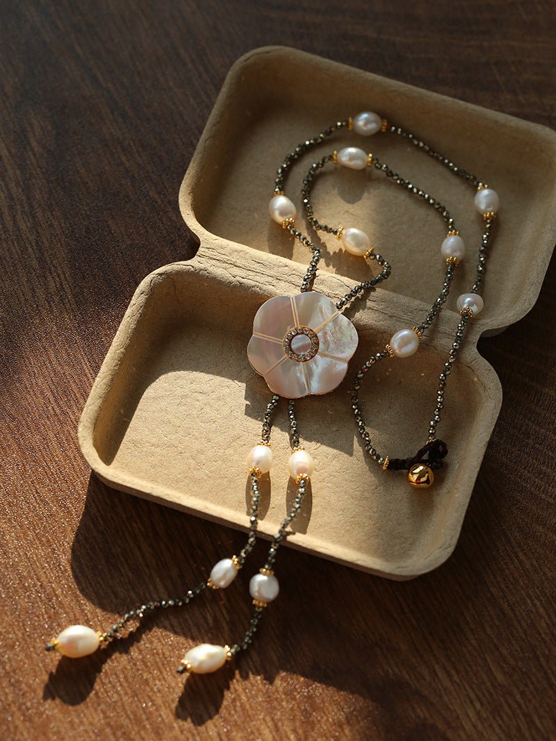 White Mother - of - Pearl Flower Y Necklace with Gold Ore & Pearls - floysun