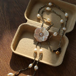White Mother - of - Pearl Flower Y Necklace with Gold Ore & Pearls - floysun