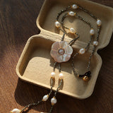 White Mother - of - Pearl Flower Y Necklace with Gold Ore & Pearls - floysun