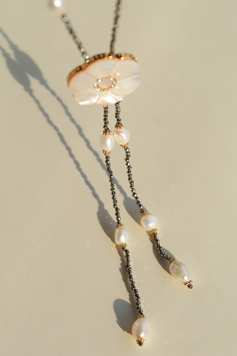 White Mother - of - Pearl Flower Y Necklace with Gold Ore & Pearls - floysun