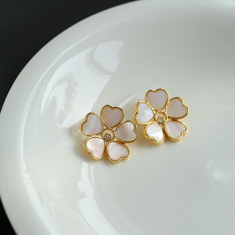 White Mother - of - Pearl Heart Blossom Stud Earrings - floysun