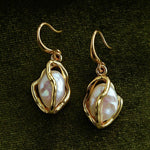 Wrapped Gold Frame Natural Baroque Pearl Drop Earrings - floysun