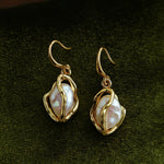 Wrapped Gold Frame Natural Baroque Pearl Drop Earrings - floysun