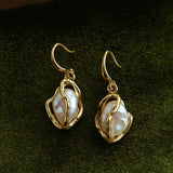 Wrapped Gold Frame Natural Baroque Pearl Drop Earrings - floysun