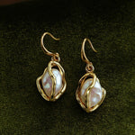 Wrapped Gold Frame Natural Baroque Pearl Drop Earrings - floysun