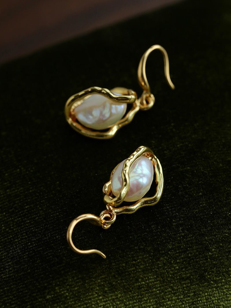 Wrapped Gold Frame Natural Baroque Pearl Drop Earrings - floysun