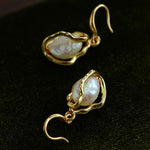 Wrapped Gold Frame Natural Baroque Pearl Drop Earrings - floysun