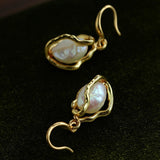 Wrapped Gold Frame Natural Baroque Pearl Drop Earrings - floysun