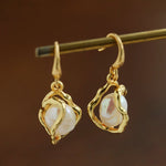 Wrapped Gold Frame Natural Baroque Pearl Drop Earrings - floysun