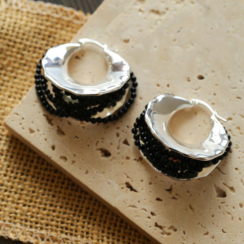 Wrapped Multi - Layer Round Ring Black Agate Earrings Pearl Earrings - floysun