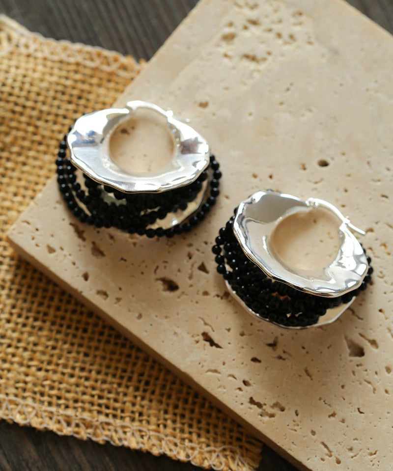 Wrapped Multi - Layer Round Ring Black Agate Earrings Pearl Earrings - floysun