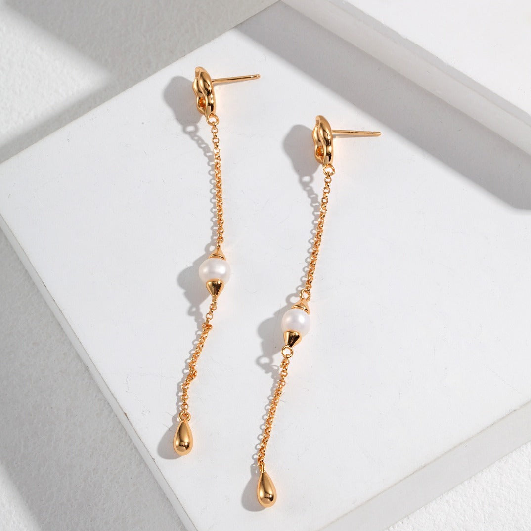 Chain Pearl Long Earrings