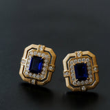 Matte Gold Square Hollow Diamond Wrapped Sapphire Stud Earrings