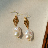 Natural Baroque Pearl Carved Hollow Flower Earrings