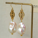 Natural Baroque Pearl Carved Hollow Flower Earrings