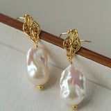 Natural Baroque Pearl Carved Hollow Flower Earrings