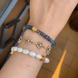 Elegant Natural Pearl Bracelet with Gold & Diamond Accents