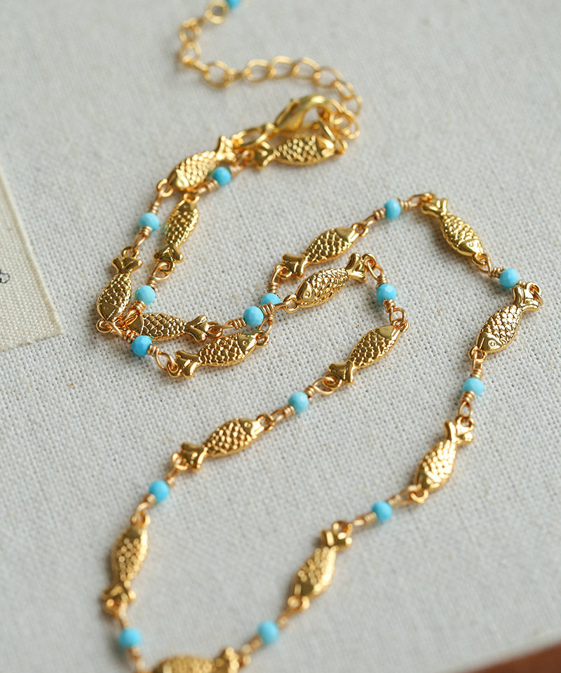 Multi-Fish Black Onyx & Blue Turquoise Necklace