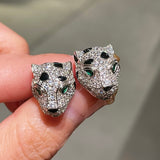 Emerald-Eyed Pavé Leopard Stud Earrings