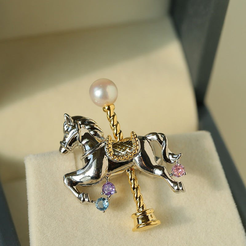 Year of the Horse Carousel Brooch with Akoya Pearl | Gift - Ready Statement Pin - floysun