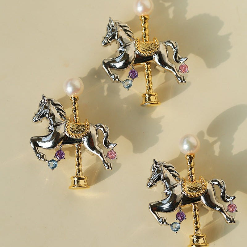Year of the Horse Carousel Brooch with Akoya Pearl | Gift - Ready Statement Pin - floysun