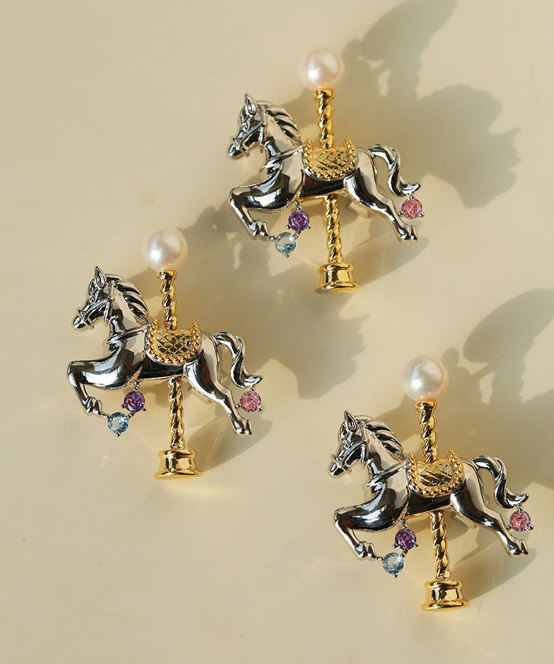 Year of the Horse Carousel Brooch with Akoya Pearl | Gift - Ready Statement Pin - floysun