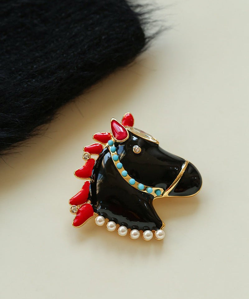 Year of the Horse Enamel Brooch | Pearl - Accented Noble Crest Pin - floysun