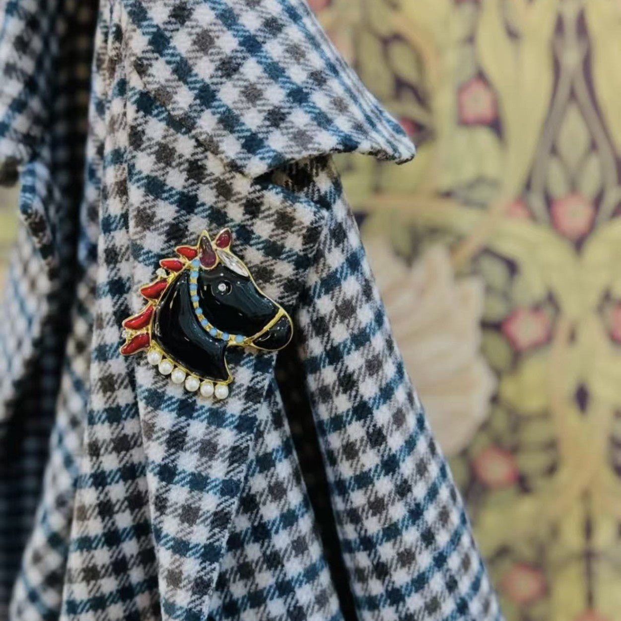 Year of the Horse Enamel Brooch | Pearl - Accented Noble Crest Pin - floysun