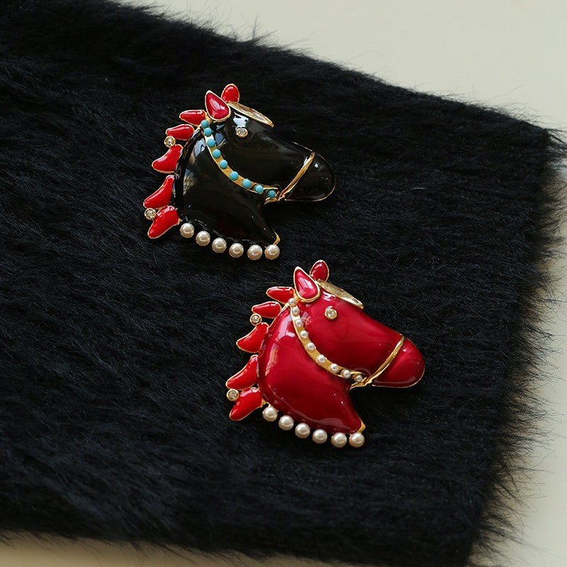 Year of the Horse Enamel Brooch | Pearl - Accented Noble Crest Pin - floysun