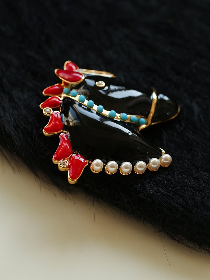 Year of the Horse Enamel Brooch | Pearl - Accented Noble Crest Pin - floysun