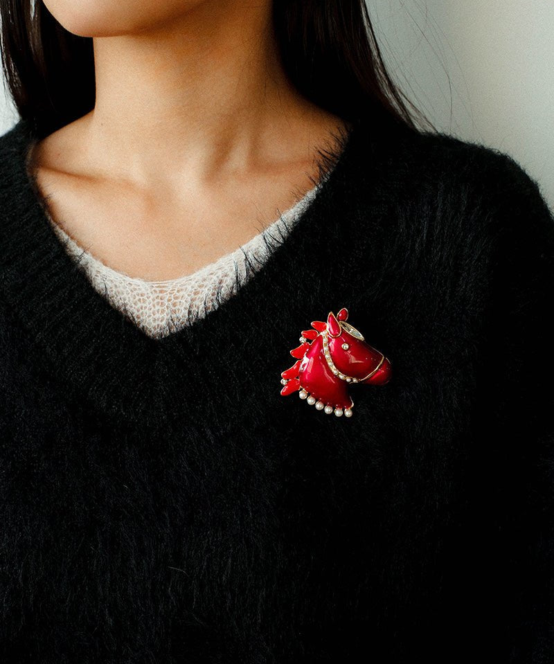 Year of the Horse Enamel Brooch | Pearl - Accented Noble Crest Pin - floysun