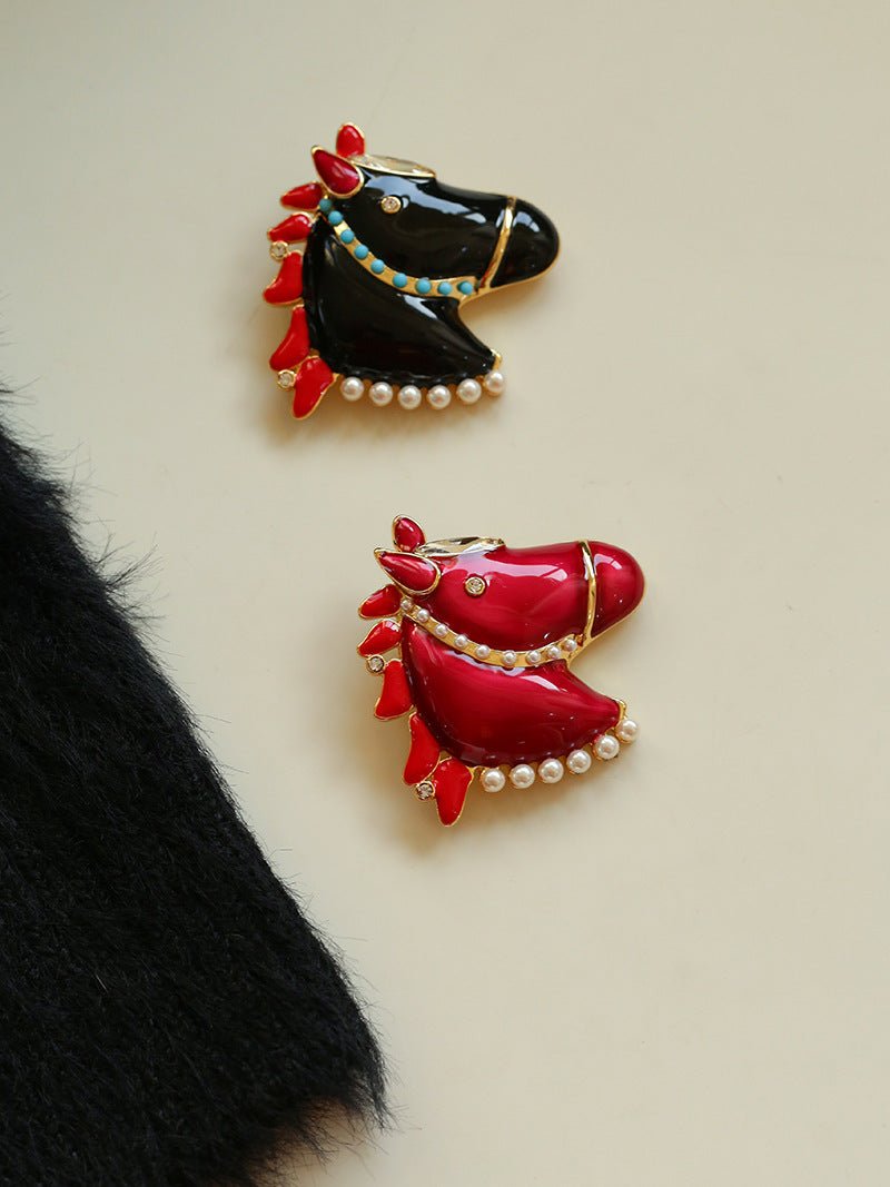 Year of the Horse Enamel Brooch | Pearl - Accented Noble Crest Pin - floysun