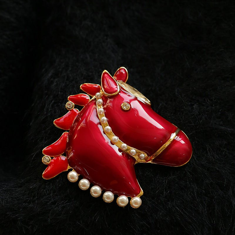 Year of the Horse Enamel Brooch | Pearl - Accented Noble Crest Pin - floysun