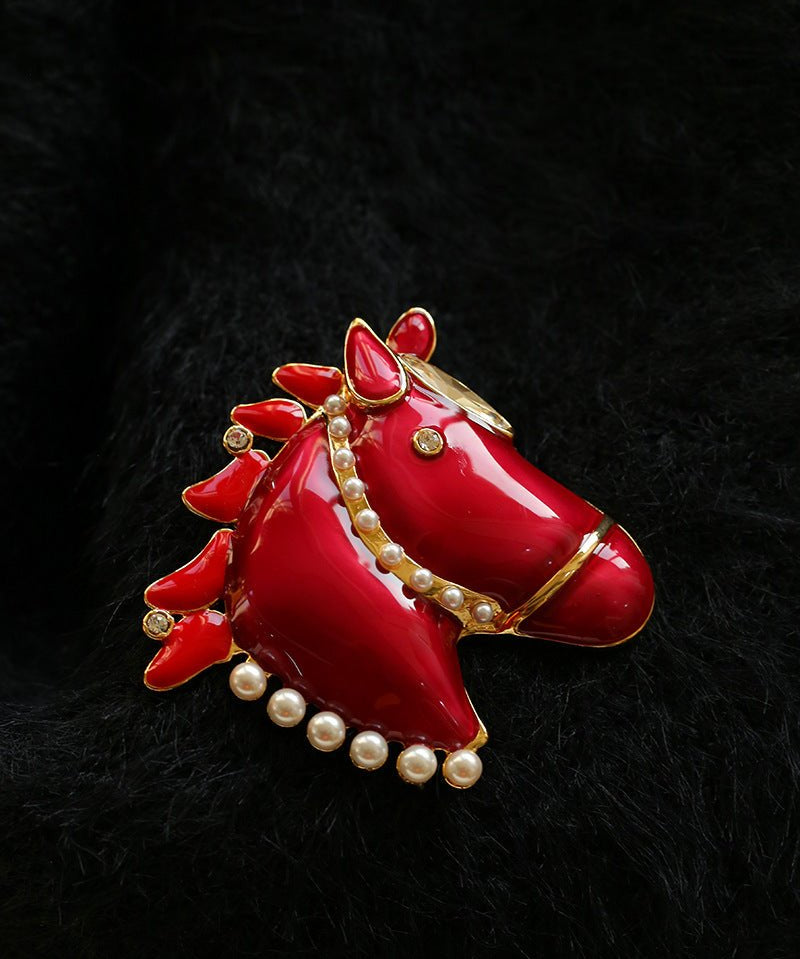Year of the Horse Enamel Brooch | Pearl - Accented Noble Crest Pin - floysun